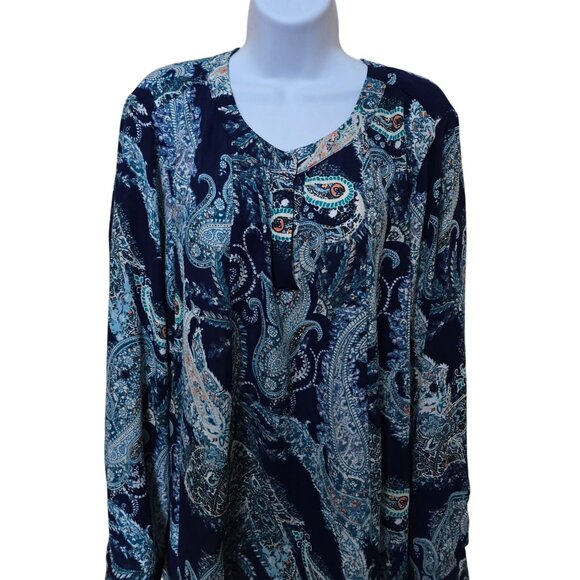 Simply Emma Womens Paisley Long Sleeve Tunic Top 2X Navy & Teal Polyester - Picture 3 of 7